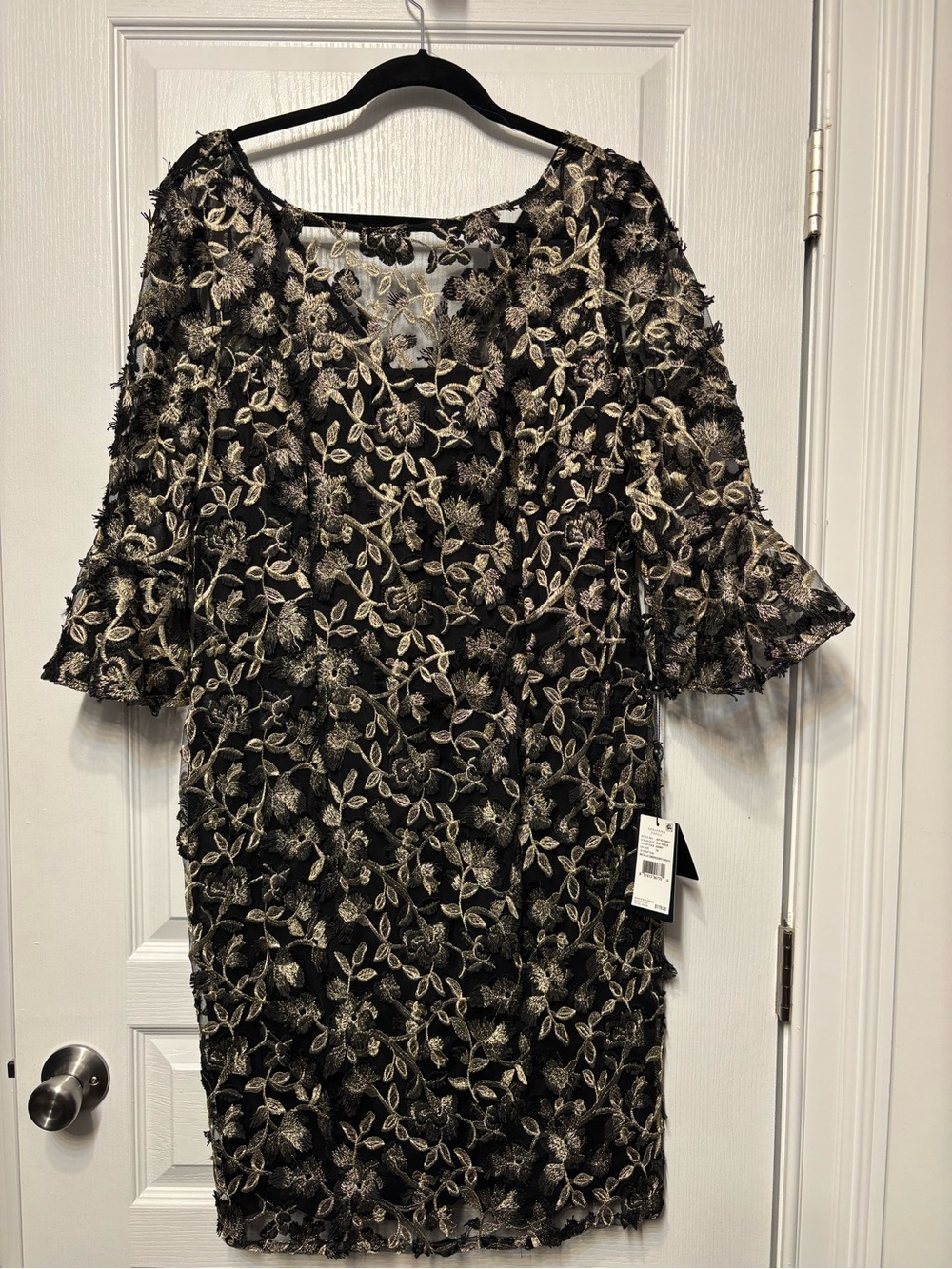 Adrianna Papell Black Dress with Gold Floral Lace